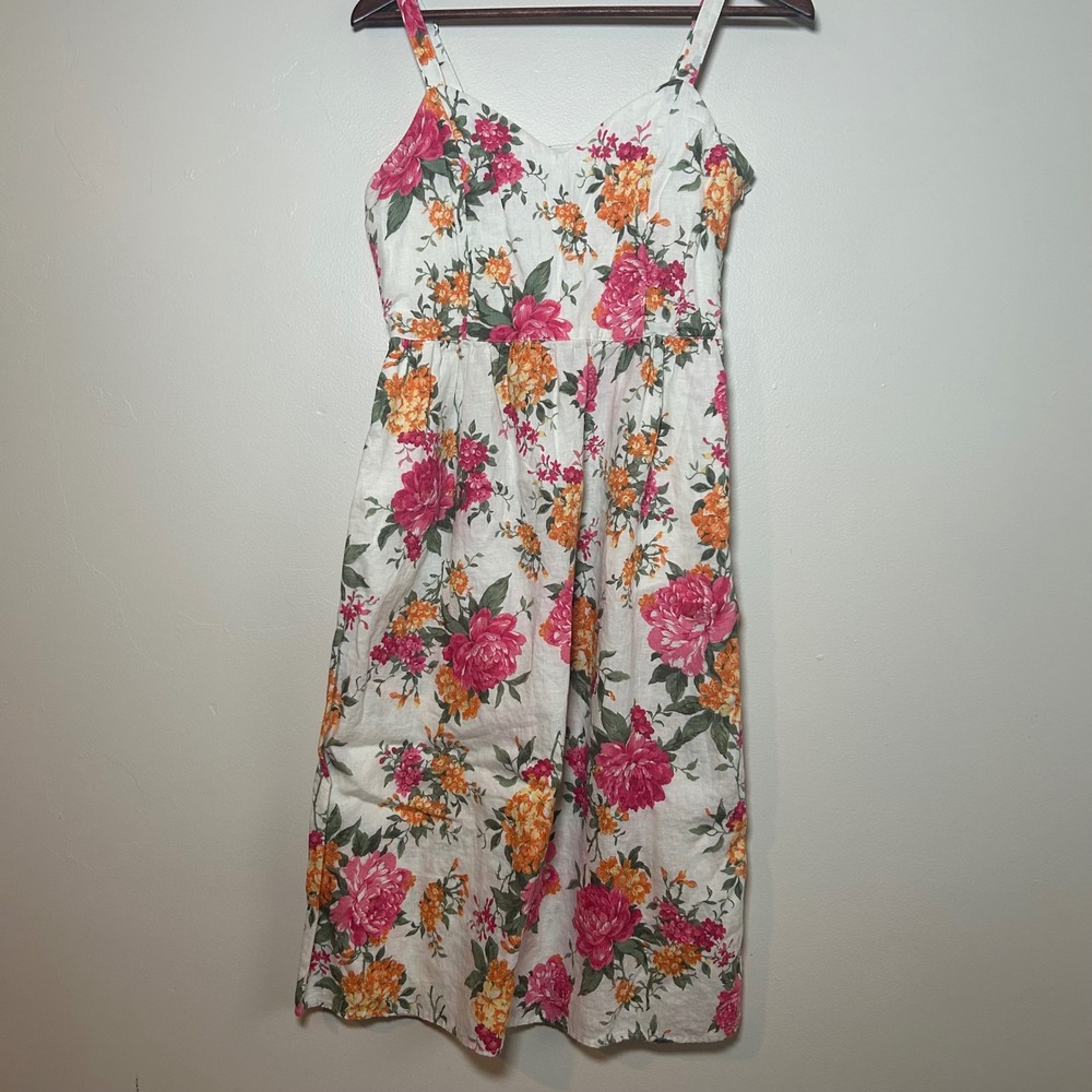 Cynthia Rowley Floral Linen Sundress Womens 4 White Pink‎ Orange Midi Dress